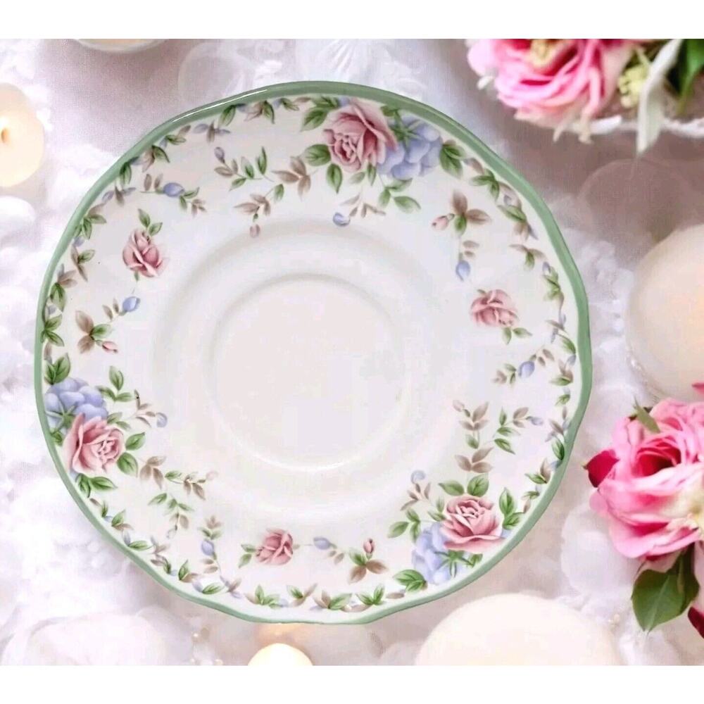 Epoch MORNING ROSE Saucer Plate Floral Rose Green Scalloped Cottage‎ Replacement